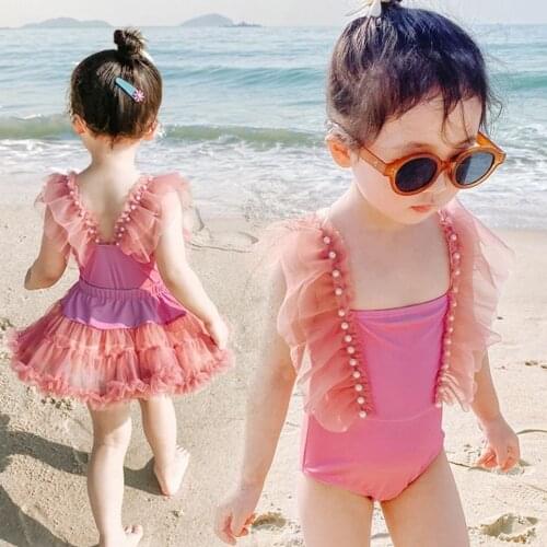 Girls Swimsuit New Cute Baby Lovely Pearl Gauze One-Piece Swimming Cloths And Tutu Skirts Swimwear