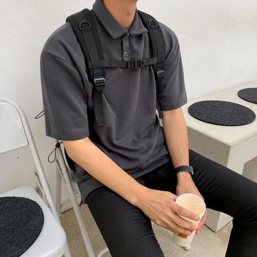 Summer Hong Kong style pure color turtleneck POLO shirt contracted short sleeves fashion Japanese loose jacket mens T - shirt