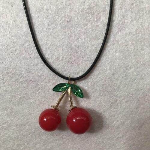 Lolita fashion fruit crystal red cherry pendant necklace for women choker wax cord rope necklace jewelry holiday gift party