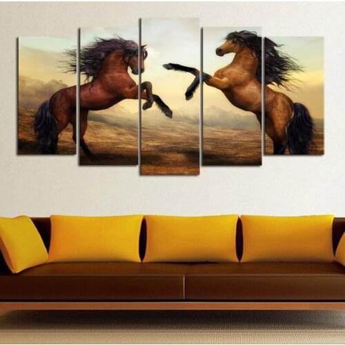 Horse Poster Wall 5 Piece Canves Painting Butifull Two Standing Brown Prined Picture Modern Art Home Decoration