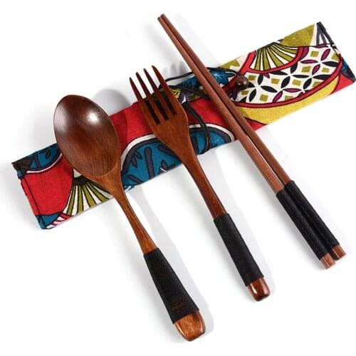 Reusable Bamboo Wooden Cutlery Set Spoons Forks Chopsticks Dinnerware Set With Cloth Bag Convenient Utensil Set Kitchen Tools