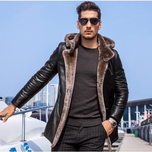 Mens Winter Shearling Jacket Fur Coat Long Genuine Leather Jacket Men Hooded Thickened Sheepskin Leather Warm Coat