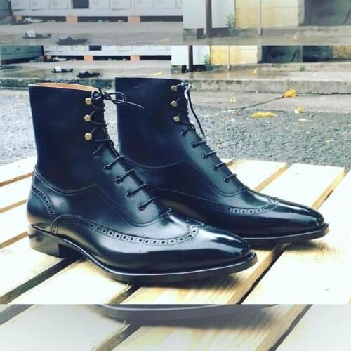 New Men Fashion Trend Temperament All-match Dress Shoes Handmade Black PU Pointed Toe Hollow Lace-up Brogue Oxford Boots KS423