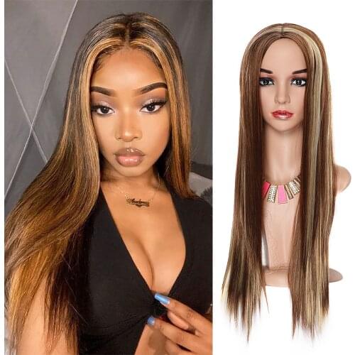 Natifath Long Brown Gloden Honey Straight Wig with Highlights Cosplay Synthetic Wigs Women Heat Resistant Middle Part Wigs