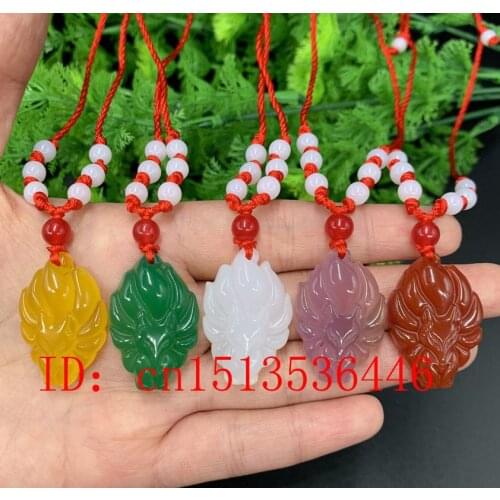 Natural Agate Nine-tailed Fox Jade Pendant Necklace Charm Jewellery Chinese Fashion Amulet Luck Gift Men Women Sweater Chain