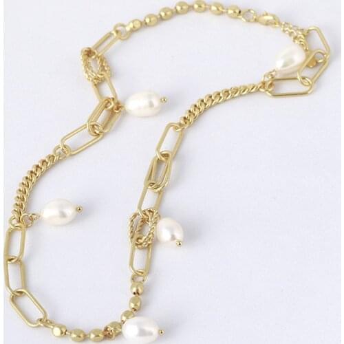 Vintage Necklace For Women 2021 Fashion Matte Gold stitching Chains Freshwater Pearl Pendant Neck Jewelry Female Accessories