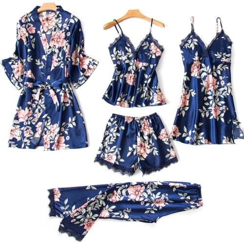 5PCS Pajamas Set Womens Long Sleeve Nighty Robe V-Neck Sleep Wear Pijama Home Nightie Sexy Bathrobe Spring Gown Suit Sleepwear