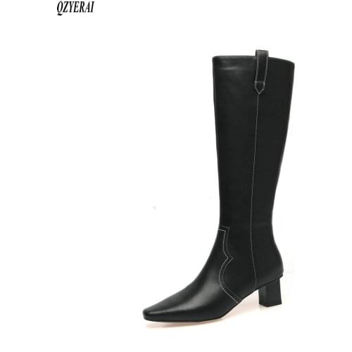QZYERAI knee boots Autumn and winter Genuine leather Female boots Womens boots black Head layer cowhide Womens shoes