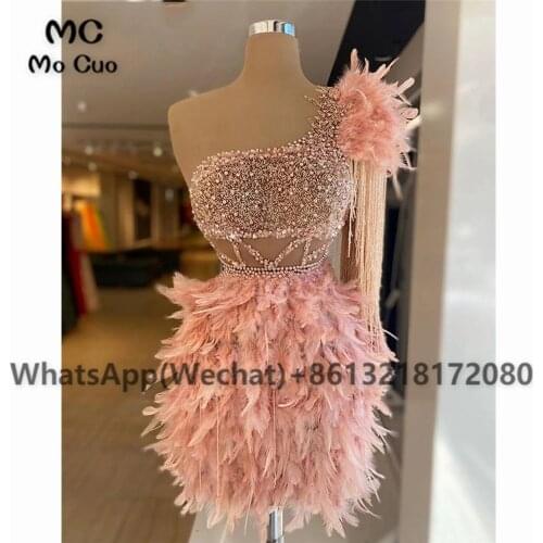 Luxury One Shoulder Feather Evening Dresses 2021 Beaded African Robe De Soiree Evening Party Prom Dress for Womens