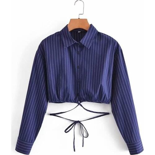 Sexy Striped Short Women Shirt Slim Waist Blue Women Long Sleeve Buttons Shirts Blouses Tops