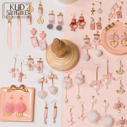 Sweet Lolita Jewelry Princess Pink Girl Hearts Ins Japanese Handmade Earrings Handmade Hair Ball Winter Kawaii Stud Earrings