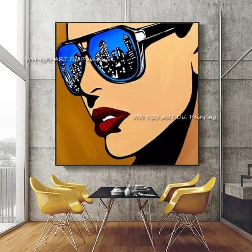 Modern 100% Hand-painted Knife Woman Face Oil Painting Sunglass Blue Colors Figure Canvas Art Living Room Wall Decor Item