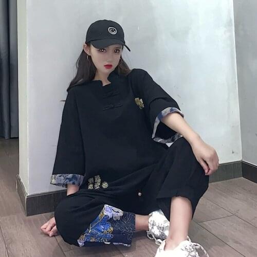 China Style Harajuku Vintage Tang Suit Women Blouse Clothing Chinese Traditional Hanfu Black Shirts Pants 2-Piece Set KK3686