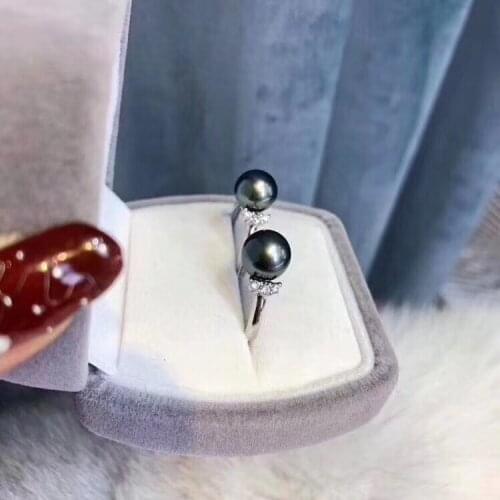 Fine Jewelry 925 Sterling Silver Natural Fresh Water 11-10mm Black Peals Rings for Women Fine Pearls Rings