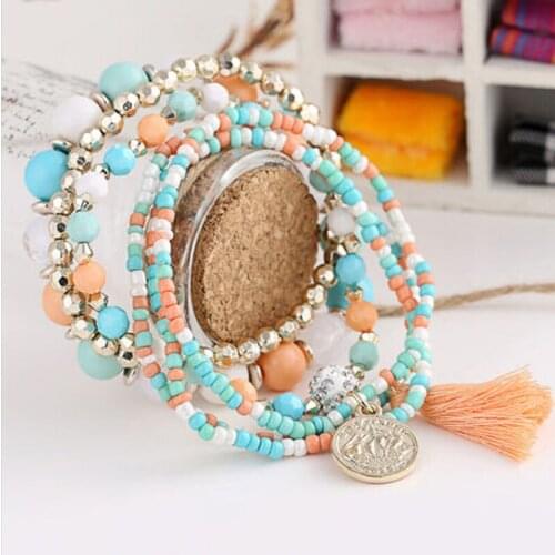 Bohemia Bracelet Multilayer Mixed Acrylic Beads Beaded Bracelets Rhinestone Elastic Bracelet for Women Gift Party Jewelry