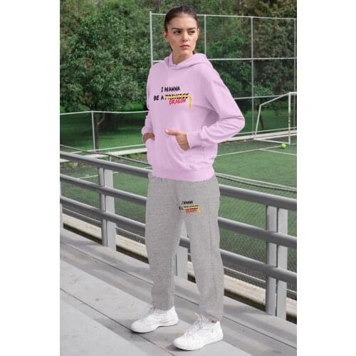 Angemiel Wear I Wanna Be A Dragon Women Tracksuit Set Pink Hooded Sweatshirt Gray Sweatpants