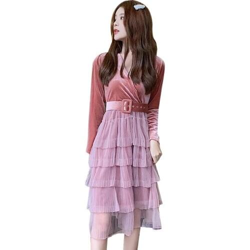 Womens Spring Fashion V-neck Mid - Calf Long Sleeve A-line Mesh Vintage Dress