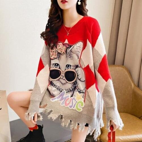 Autumn Winter Wear Loose Lazy Wind Women Round Neck Coat Mid-length Printing Lattice Splicing Knitted Tassel Pullover Sweaters