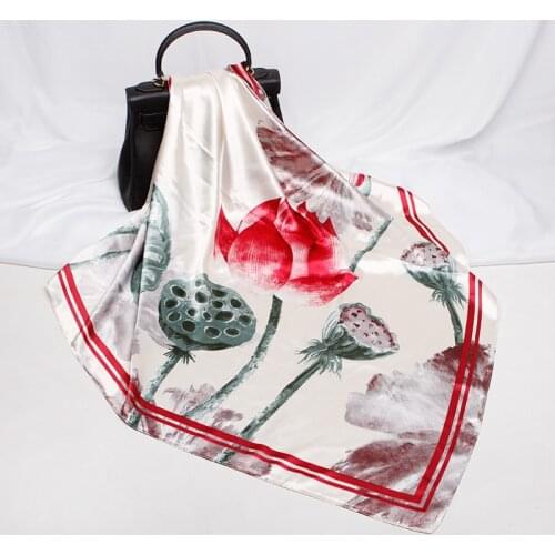 2020 90x90 painting lotus Multipurpose women Silk twill scarf Satin square tie Hairband ladies foulard femme towel bufanda shawl