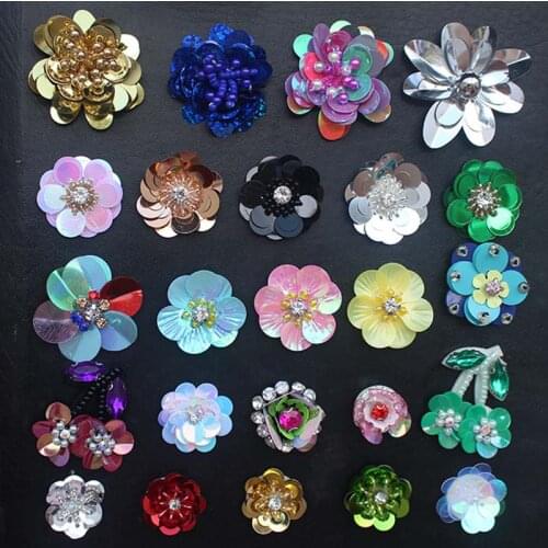 3Pcs Flowers Sequins Rhinestones Crystal Beads Sew On Clothes dress appliques Patches Brooches Scrapbooking RP08