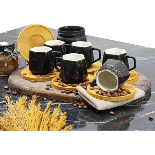 6 personality Prism Porcelain Black Marble Pattern and White Bamboo Plate Turkish Coffee Cup Espresso cup Pad set Gift