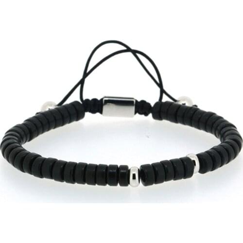 Design Chungky Flat Black Acrylic Onyx Stone Bead Silver Color Copper Charm Knot Adjustable Braiding Macrame Bracelet For Man