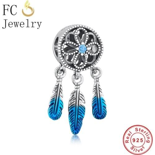 FC Jewelry Fit Original Pandora Charm Bracelet 925 Silver Blue Dreamcatcher Believe Power of Your Dream Bead For Making Berloque
