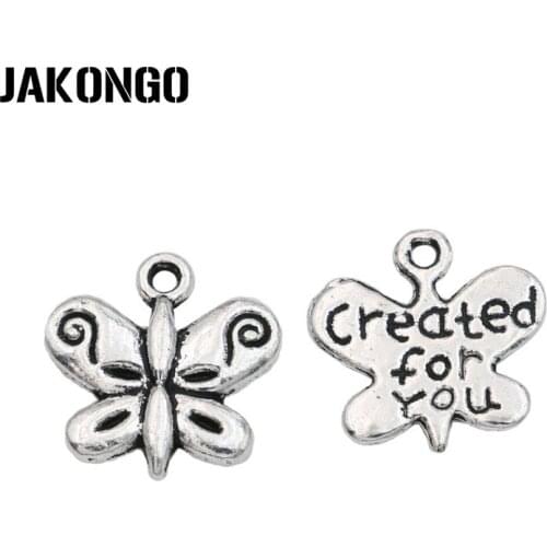 JAKONGO Antique Silver Plated Butterfly "creat for you" Charms Pendants for Jewelry Making Bracelet DIY 13x13mm 25pcs/lot