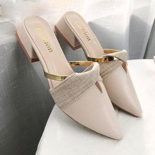 Classic Faux Leather Shoes For Women Slipper Platform Sandals Pointed Toe Summer 2021