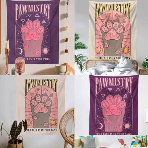 Cat Paw Tapestry Bohemian Style Witchcraft Moon Sun Constellation Pawmistry Wall Hanging Blanket Hippie Mattress Decor