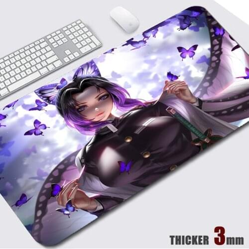 Demon Slayer Mouse Pad Anime Kochou Shinobu XXL Desk Mat Mouse Gamer Large Rubber Antislip Stitch Edge Mousepad Thicker 3mm