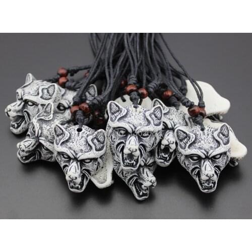 COOL 12PCS Boy Mens Imitation Yak Bone Carving White Wolf Head Pendant Amulet Necklace Gift MN304