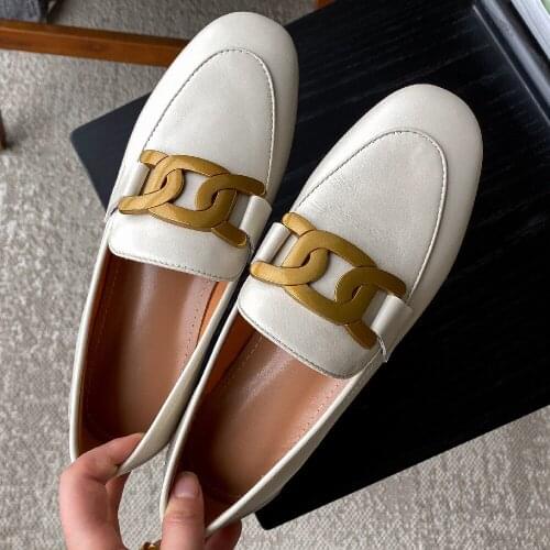 Womens genuine leather round toe chain decoration slip-on flats loafers leisure soft comfortable daily moccasins shoes women
