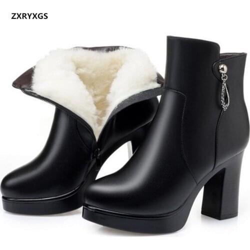 New classic Rhinestone top full cowhide leather boots black shoes winter boots non-slip high heel boots warm shoes women boots