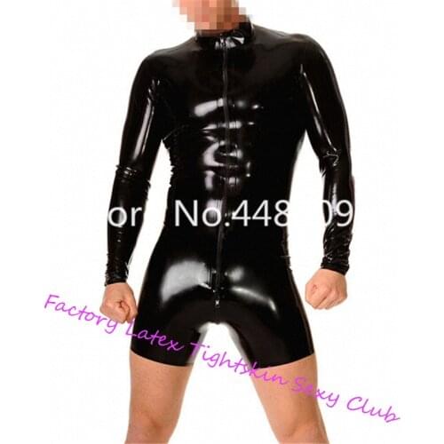 Long Sleeves Latex Bodysuit with Short Pants Latex Leotard For Men Front Zip Plug Size XS-XXXL