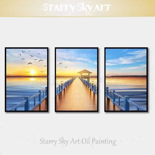 Artist Hand-painted High Quality Modern Wall Art 3 Piece Set Landscape Oil Painting on Canvas Sunrise Seaside Oil Painting