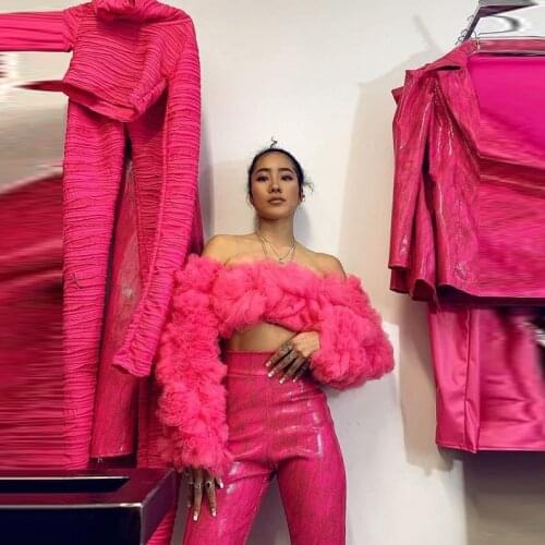 Sexy Women Fuchsia Tulle Tops With Long Sleeves Puffy Ruffled Tulle Top Girls Party Prom Formal Event Wear Celebrity Top