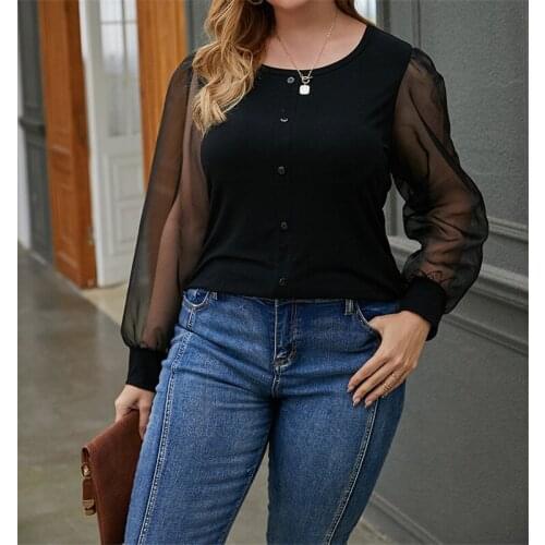 Autumn Women Long Sleeve Plus Size O Neck Botton Blouse Spring Female Mesh Patchwork Elastic Tops Office Lady Knitted Fashion