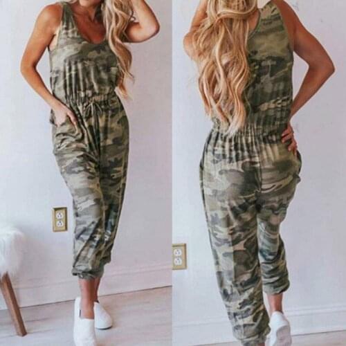 Womens Jumpsuit Trendy Print Camouflage Jumpsuits O-Neck Sleeveless One Pieces Long Pants Female Set