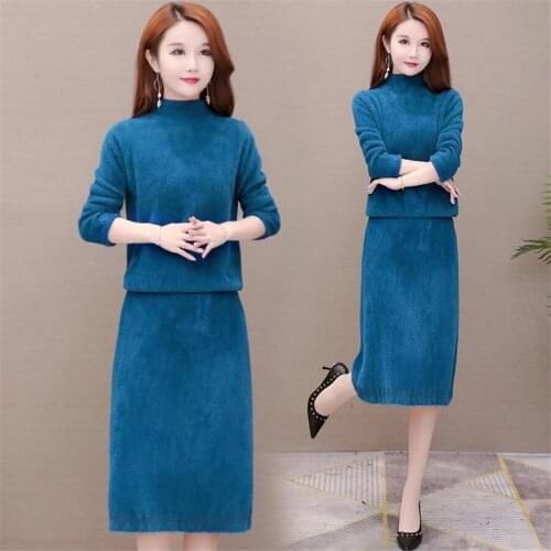 Knitting Two Piece Set For Women V Neck Lantern Sleeve Shirts High Waist Skirts Female Suit 2020 Winter Fashion New