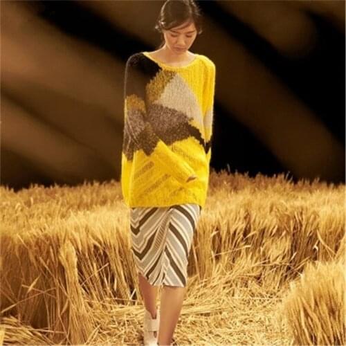 100% hand made wool Oneck knit women streetwear contrast color patchwork loose pullover sweater customized