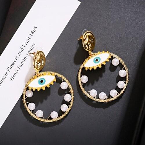 2020 Street Style Women Enamel Evil Eye Stud Earrings Accessories Fashion Gold Color Big Round Circle Pearl Statement Earring