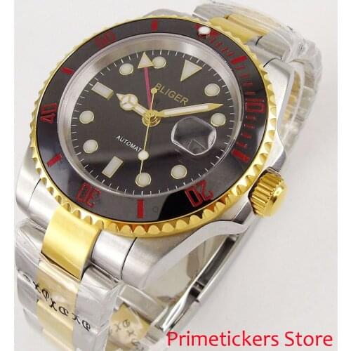 40mm bliger black dial ceramic bezel sapphire GMT date automatic mens watch red GTM pointer