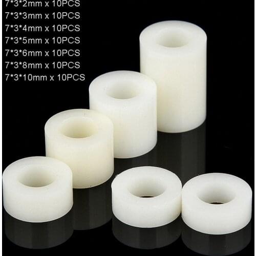 70Pcs M3 White Nylon Non-Threaded Spacer ABS Round Hollow Standoff Round Washer OD7mm PCB Board Screw Bolt Set/Kit Length 2-10mm