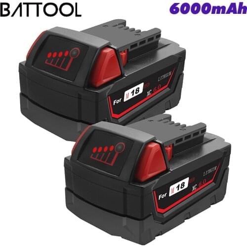 BATTOOL 2 Pcs 6.0Ah 6000mAh 18V Power Tool Battery for Milwaukee M18 48-11-1815 48-11-1850 2604-22 2604-20 2708-22 2607-22