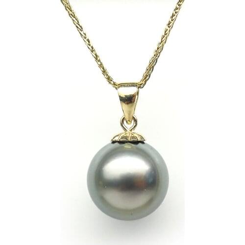 Free Shipping 10.9MM Round Gray Genuine Tahitian Cultured Pearl Pendant 9K Solid Yellow Gold