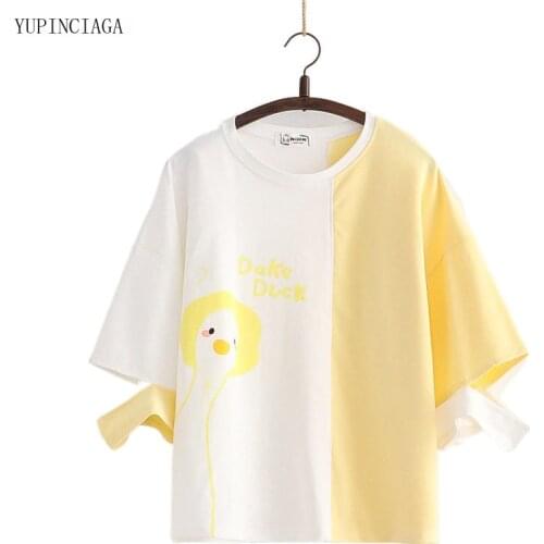 Harajuku T Shirts Women Half Sleeve Patchwork Cartoon Rabbit Print Short Sleeve T-Shirt Female Color Matching Cotton Tee 2117531