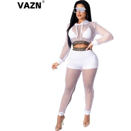 VAZN 2020 Autumn High-end Plus Size Lace See Through Solid Hooded Full Sleeve Group Long Pants Skinny Women 2 Piece Set
