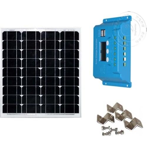 50 Watt 12 Volt Monocrystalline Solar Panel Kit 10A PWM LCD Display Charge Controller Dual USB Z Bracket Mounting 12v Battery
