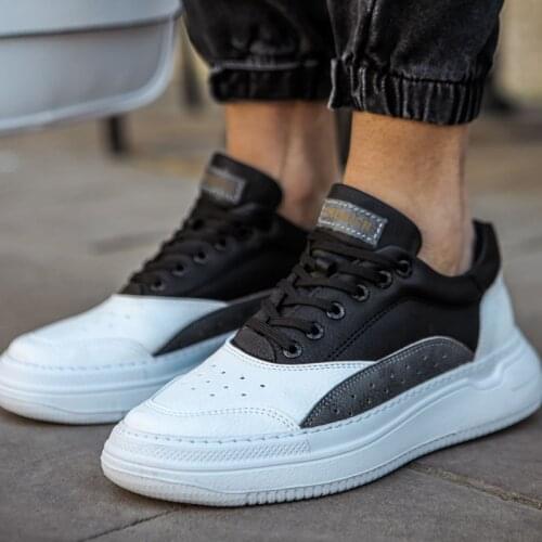 Chekich Mens Sneakers White and Black Color Lace Up Casual Artificial Leather Spring Fall Seasons Mixed Color Gray Details Comfortable Fashion Suits Formal Odorless Daily Office Light Breathable Sewing Sole CH115 V2